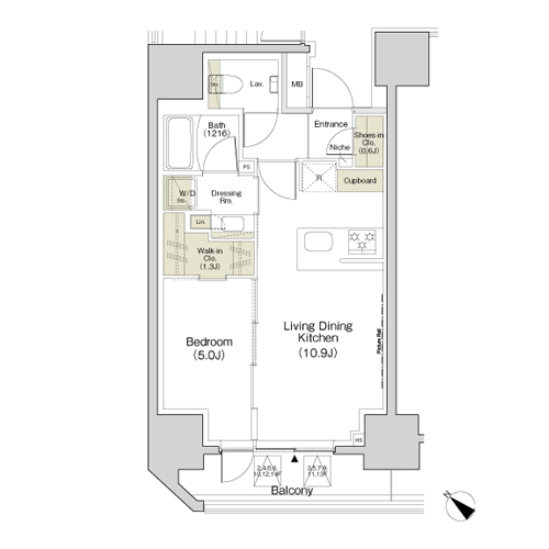 ザ・パークハビオ江古田(1LDK[E-type]：40.76㎡)の間取り画像