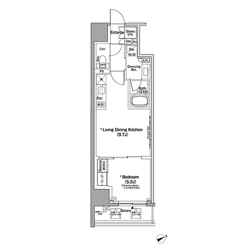 ザ・パークハビオ日本橋茅場町(1LDK[E-type]：38.35㎡)の間取り画像