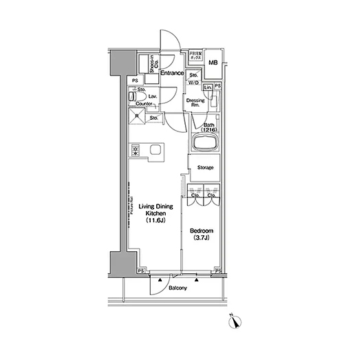ザ・パークハビオ日本橋茅場町(1LDK[F-type]：39.97㎡)の間取り画像