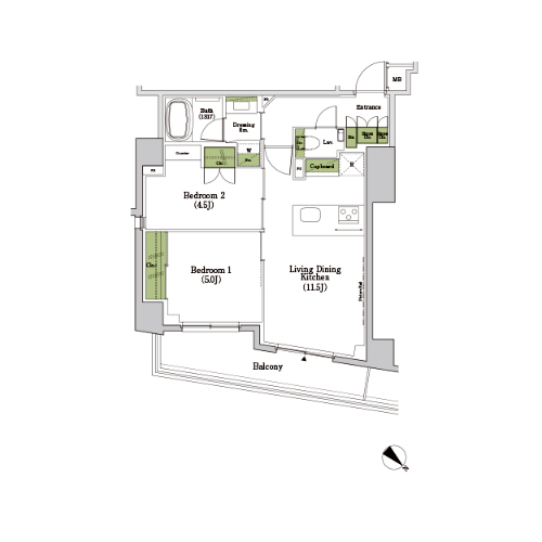 ザ・パークハビオSOHO市谷左内町(2LDK[U-type]：50.28㎡)の間取り画像