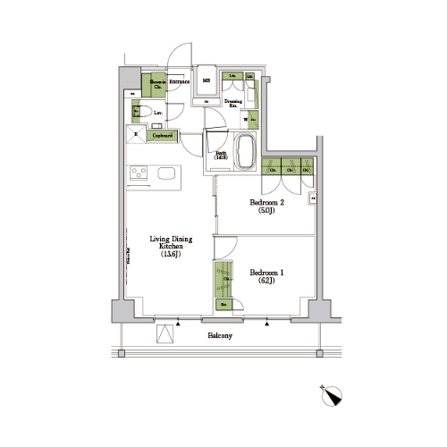ザ・パークハビオSOHO市谷左内町(2LDK[Z-type]：56.99㎡)の間取り画像