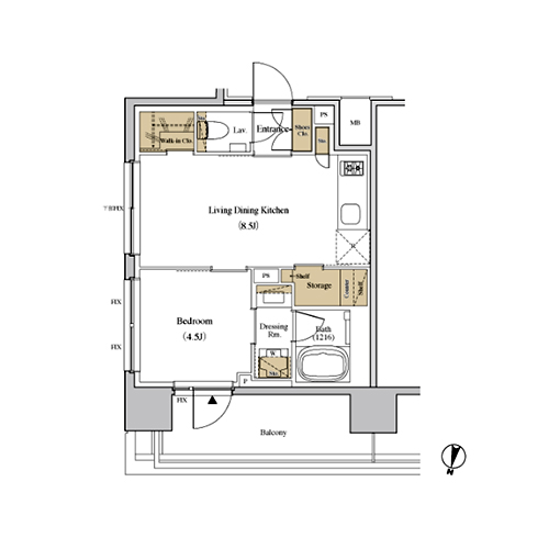 ザ・パークハビオ代々木(1LDK[E-type]：33.76㎡)の間取り画像