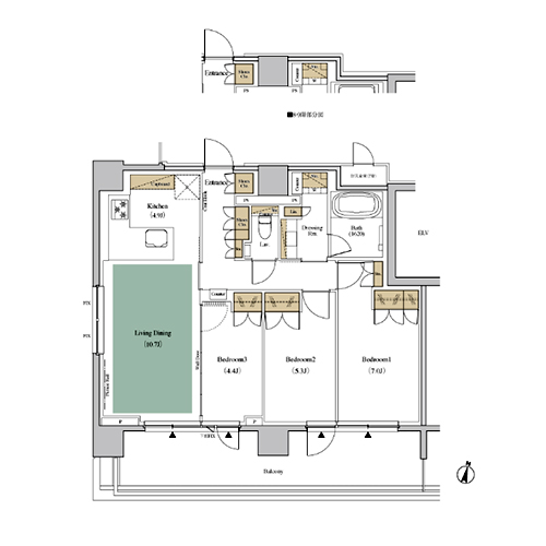 ザ・パークハビオ代々木(3LDK[H1-type]：75.14㎡)の間取り画像