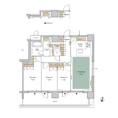 ザ・パークハビオ代々木(3LDK[H2-type]：75.14㎡)の間取り画像